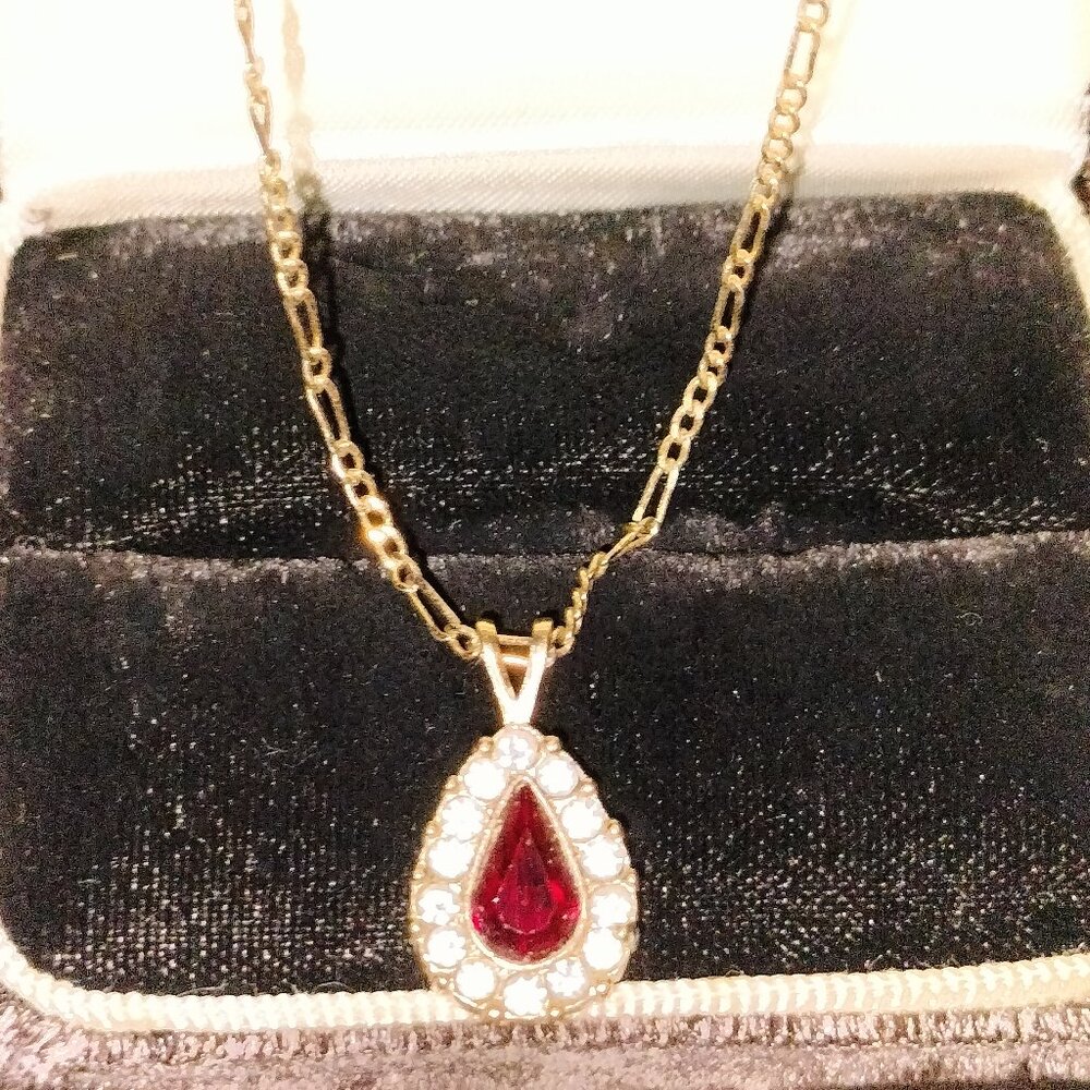 Vintage Garnet CZ Teardrop Pendant Gold Plated W/ Gold Chain Lobster Clasp 18"